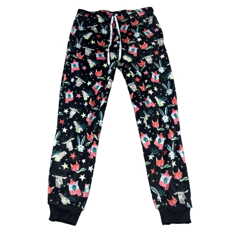 Joyspun Girls Pajama Pants Black Animal Print Deer Rabbit Fox Small 4-6 0344